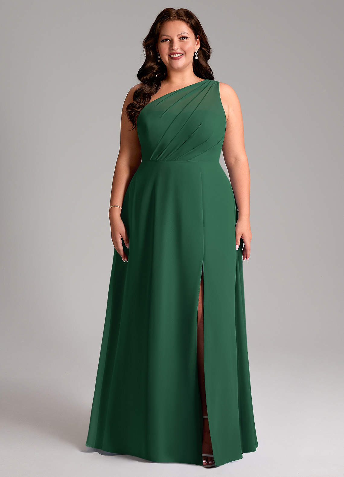 Azazie Phaedra Jurken voor bruidsmeisjes Jurk van Chiffon met A-Lijn One-Shoulder Donkergroen image1