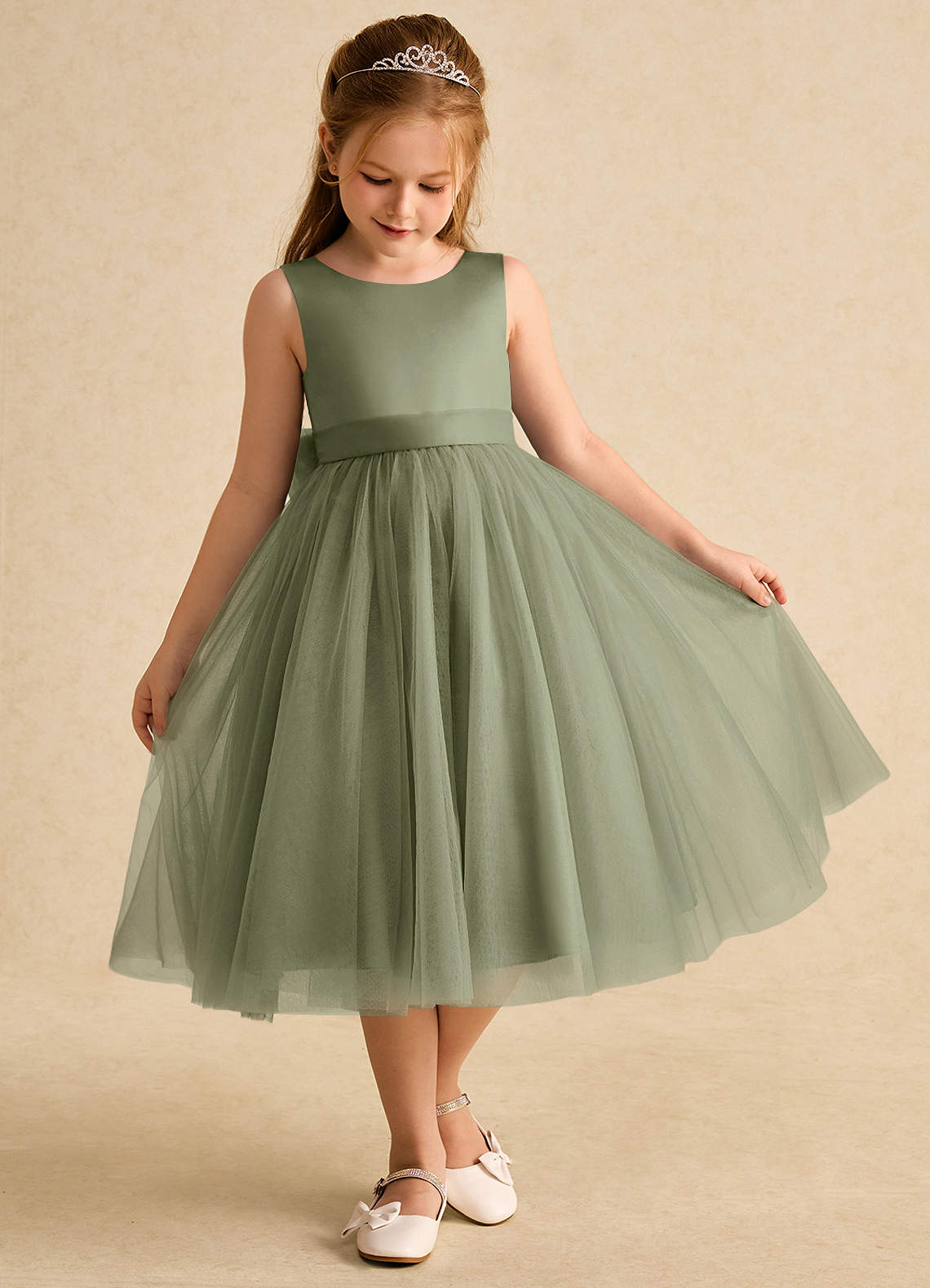 Azazie Winnie Flower Girl Dresses Pistachio Ball-Gown Bow Tulle Dress image1