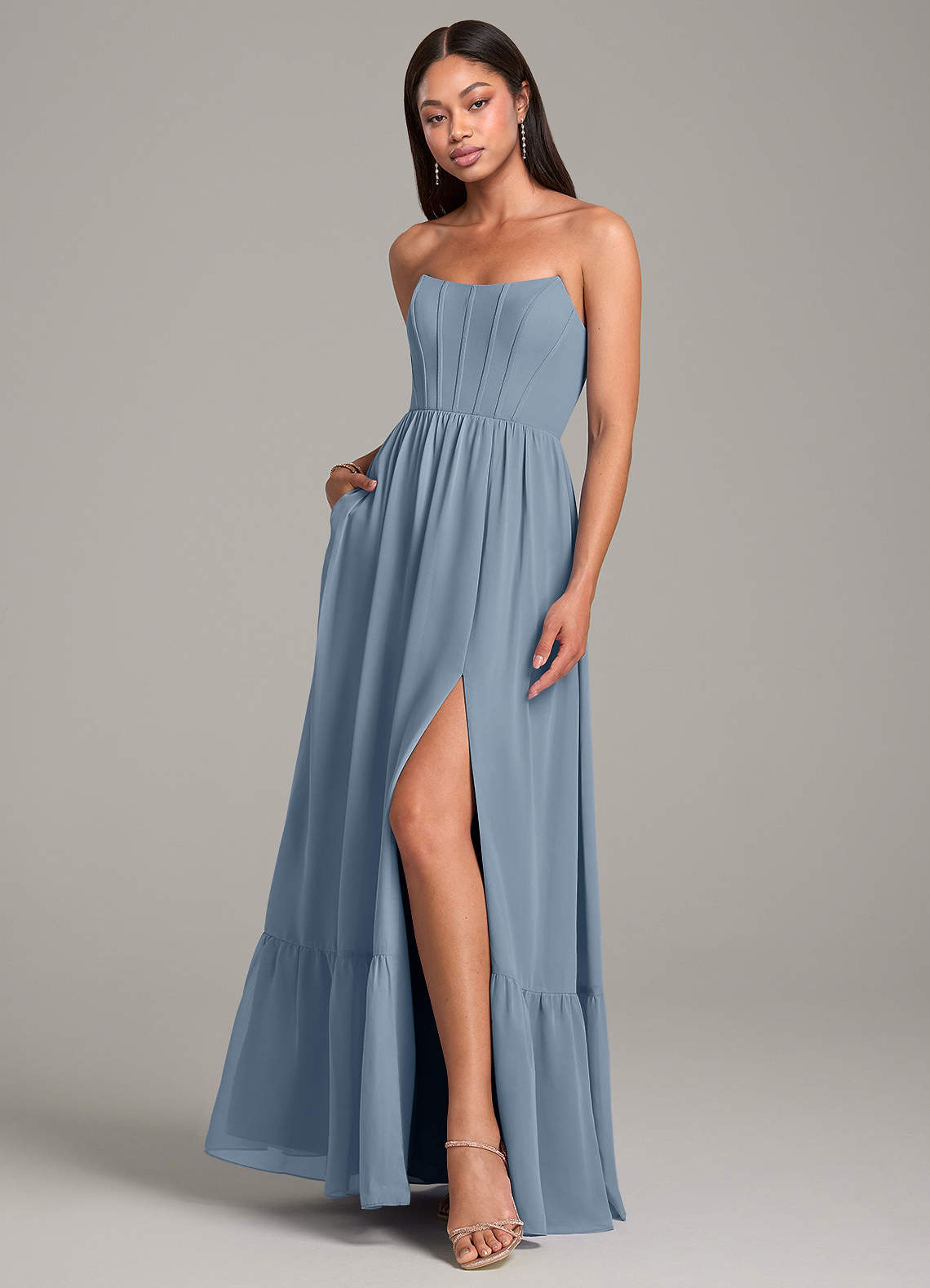 Azazie Kailee Jurken voor bruidsmeisjes Jurk van Chiffon met A-Lijn met Zakken Stoffig Blauw image3
