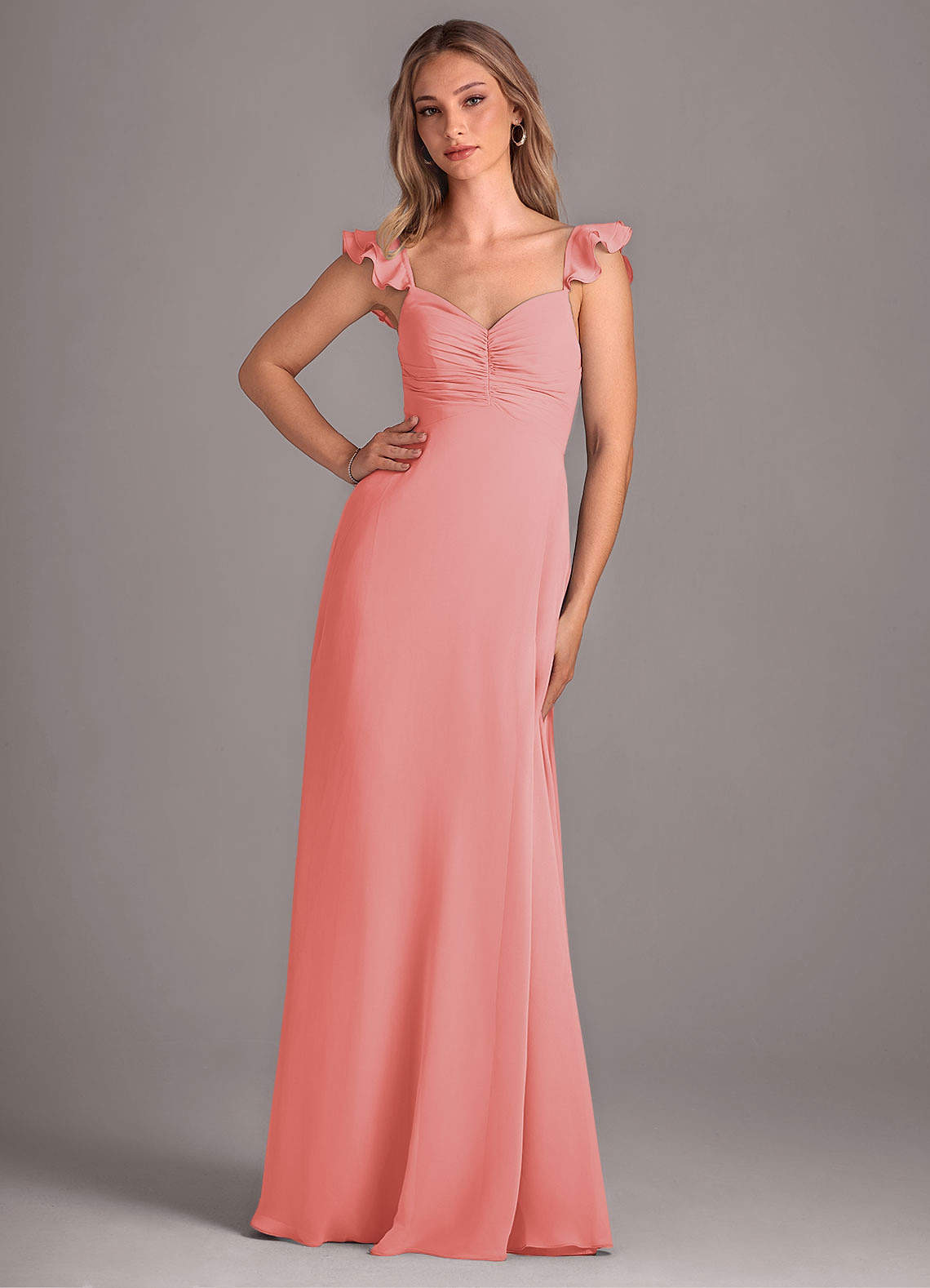 Azazie Kaylyn Bridesmaid Dresses Coral A-Line Ruched Chiffon Dress image1
