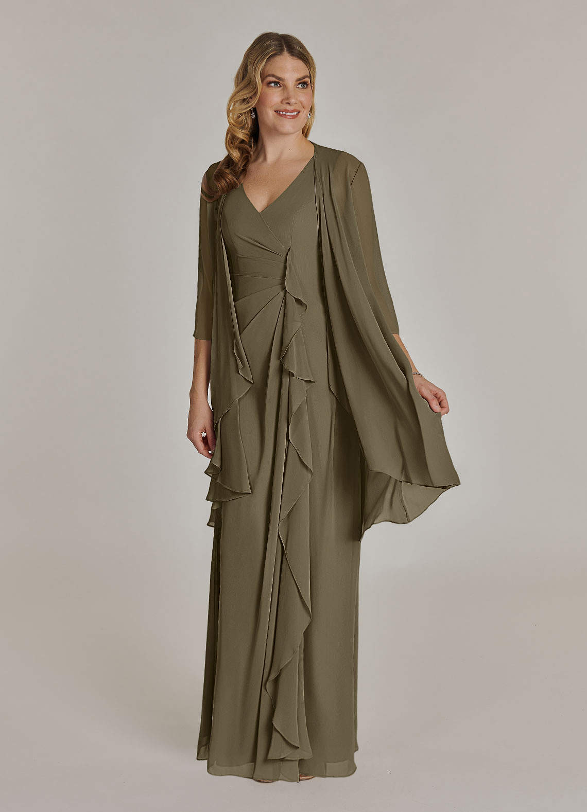 Azazie Manuella vestidos de madre de la novia Vestido de Verde Sauce de Gasa de Corte En A con Cuello en V plisado image1