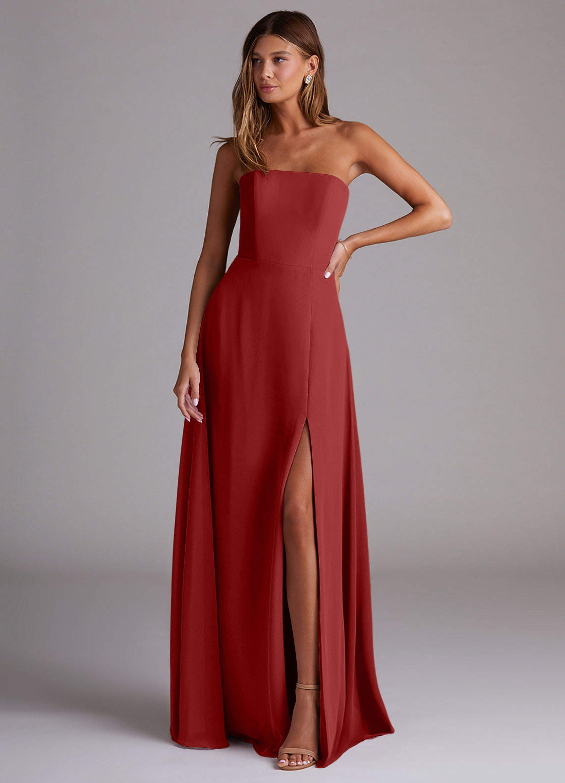 Azazie Wren Bridesmaid Dresses Rust A-Line Side Slit Chiffon Convertible Dress image1