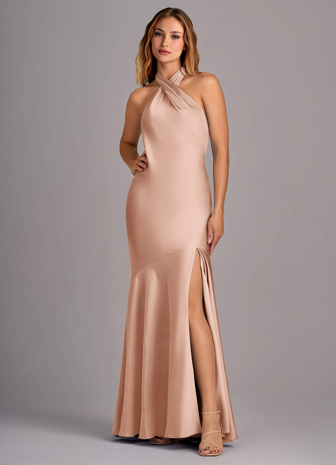 Azazie Lorena Vestidos de damas de honor Vestido de Oro Rosa de Satén Elástico de Corte Sirena con Plisado image1
