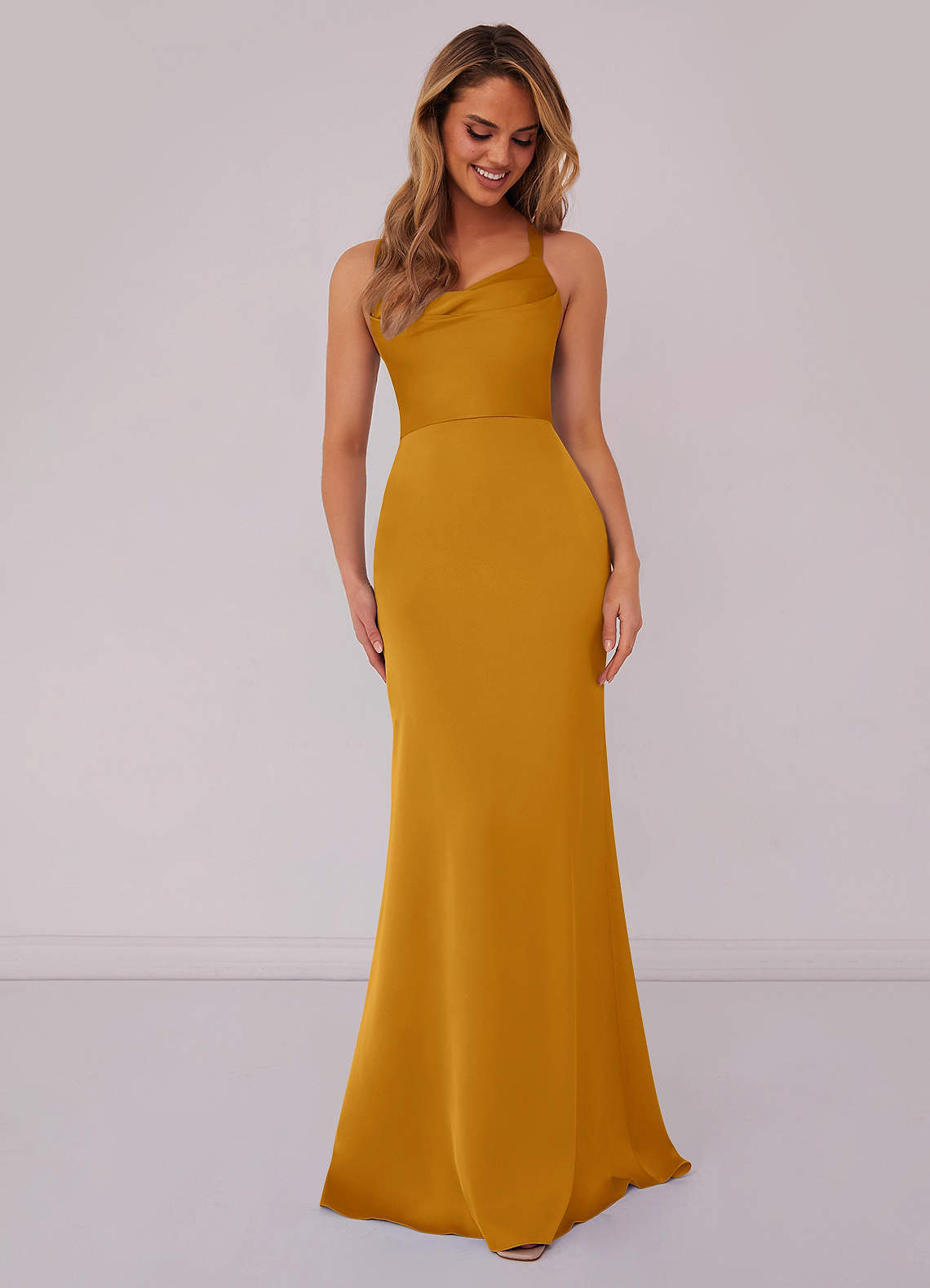 Barbie ♥ Azazie Bridesmaid Dresses Butterscotch Mermaid Pleated Stretch Satin Dress image1