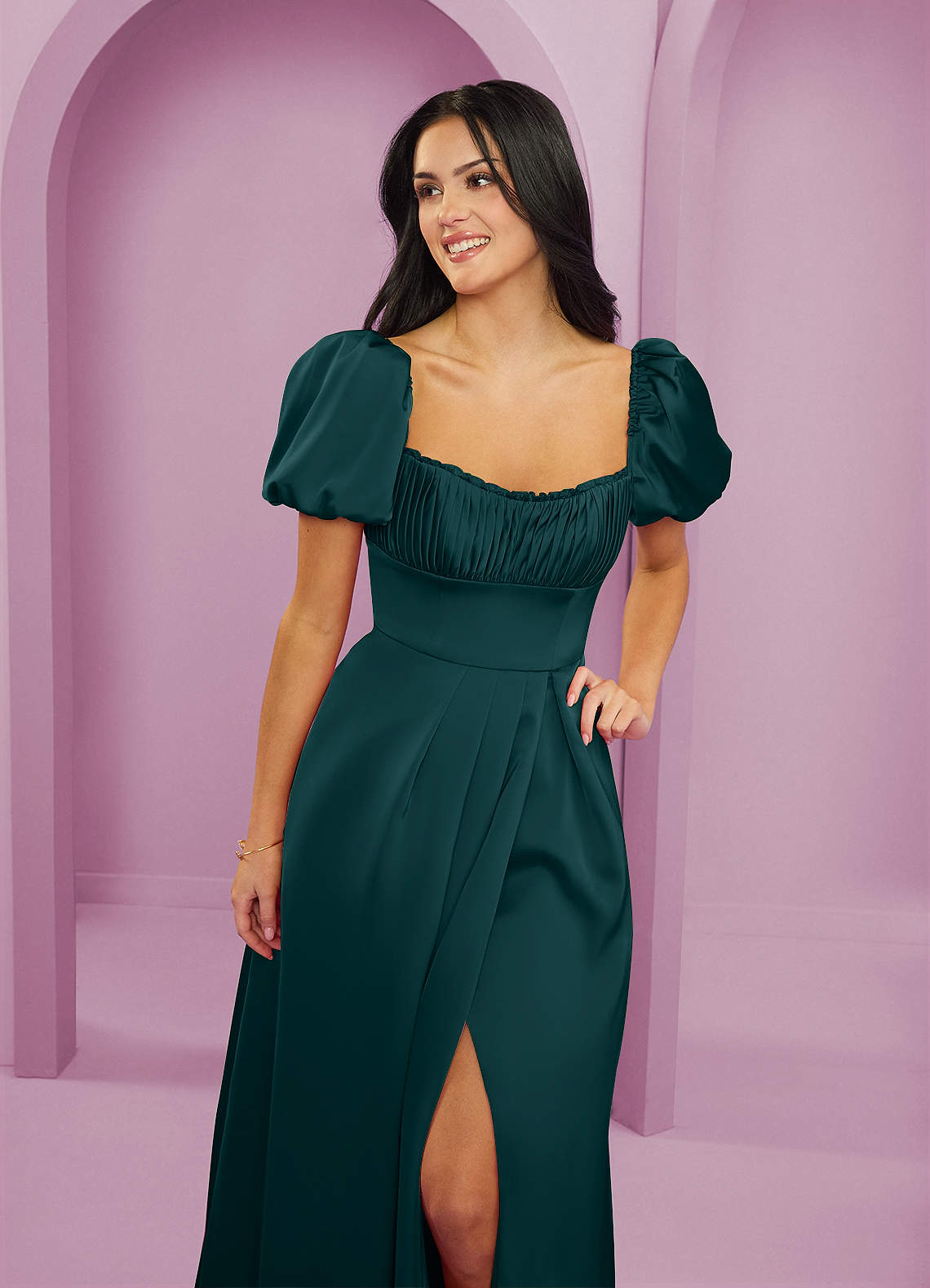 Barbie ♥ Azazie Robes de demoiselle d'honneur Robe Trapèze en Satin extensible Rayé Vert Pin image4