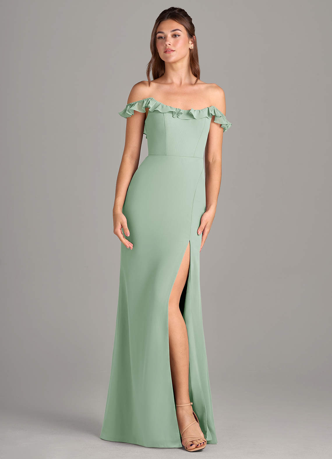 Azazie Callie At-home Try On Dresses Agave Mermaid Side Slit Chiffon Convertible Dress image6