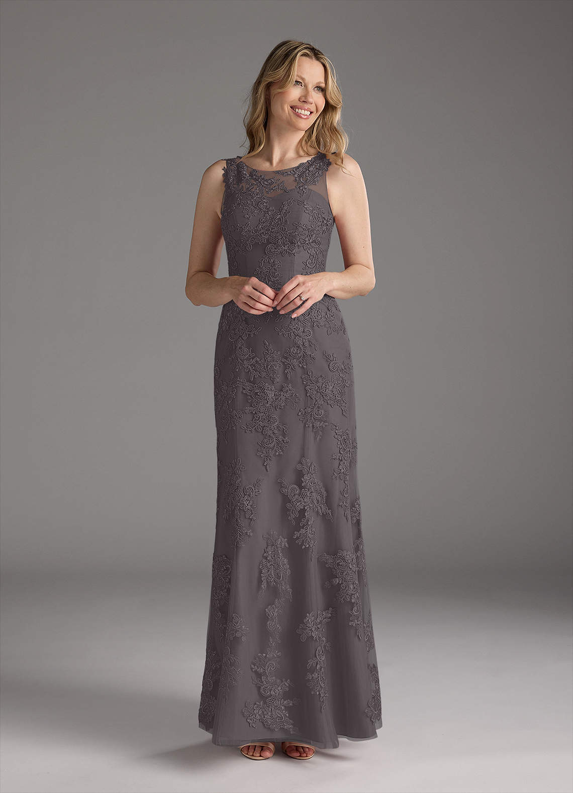 grey lace mermaid dress Azazie Whilhelmina Steel Chiffon Ready to Ship lace dark grey wedding dress