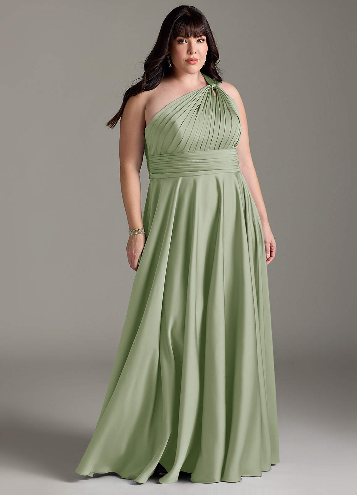 Azazie Charlize Bridesmaid Dresses Dusty Sage A-Line One Shoulder Stretch Satin Dress image1