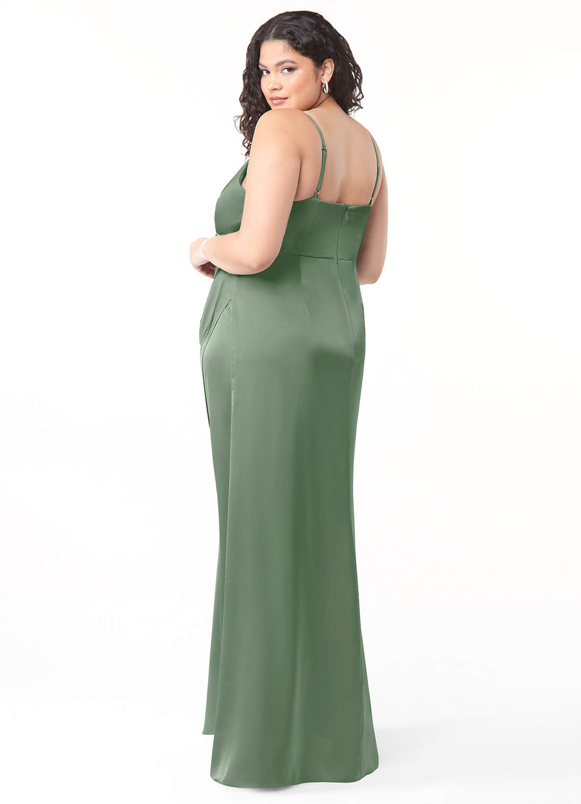 Azazie Maci Bridesmaid Dresses Matcha A-Line V-Neck Pleated Stretch Satin Dress image7