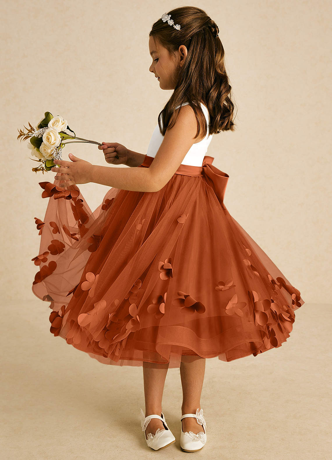 Azazie Sprout Flower Girl Dresses Burnt Orange A-Line Bow Tulle Dress image3