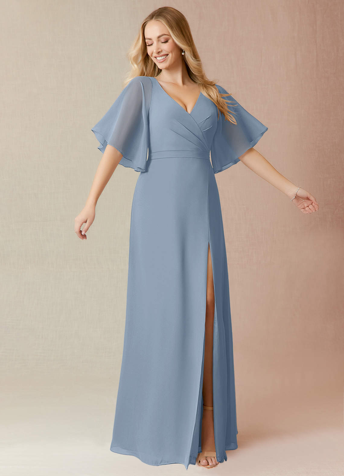 Azazie Cierra Bridesmaid Dresses Dusty Blue A-Line V-Neck Chiffon Dress image1
