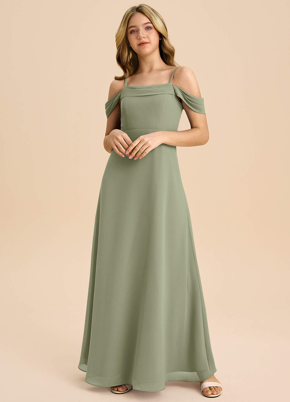 Azazie Anselie Junior Pistachio A-Line Off the Shoulder Chiffon Dress image2