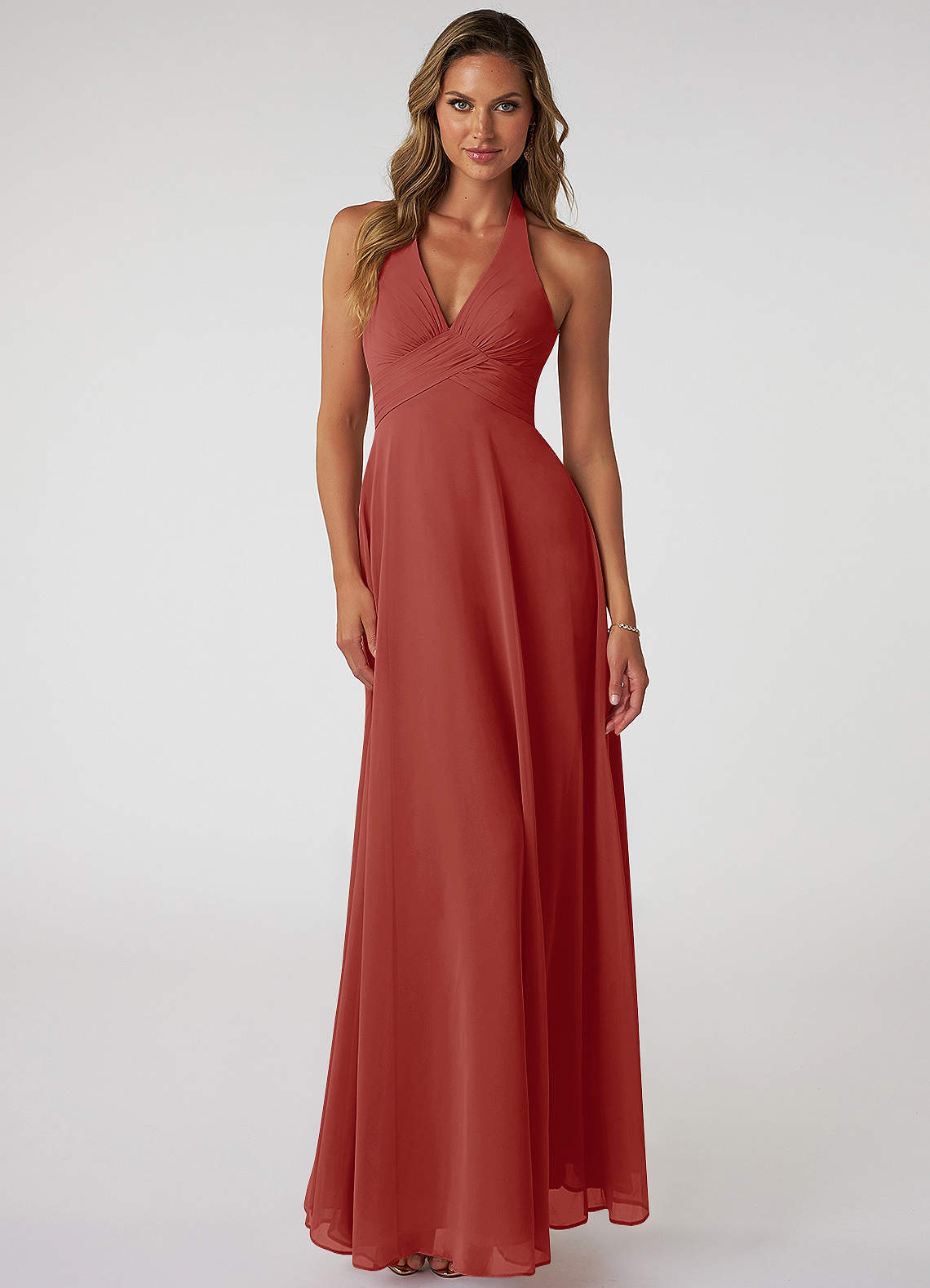 Azazie Tessie Bridesmaid Dresses Terracotta A-Line V-Neck Pleated Chiffon Dress image1