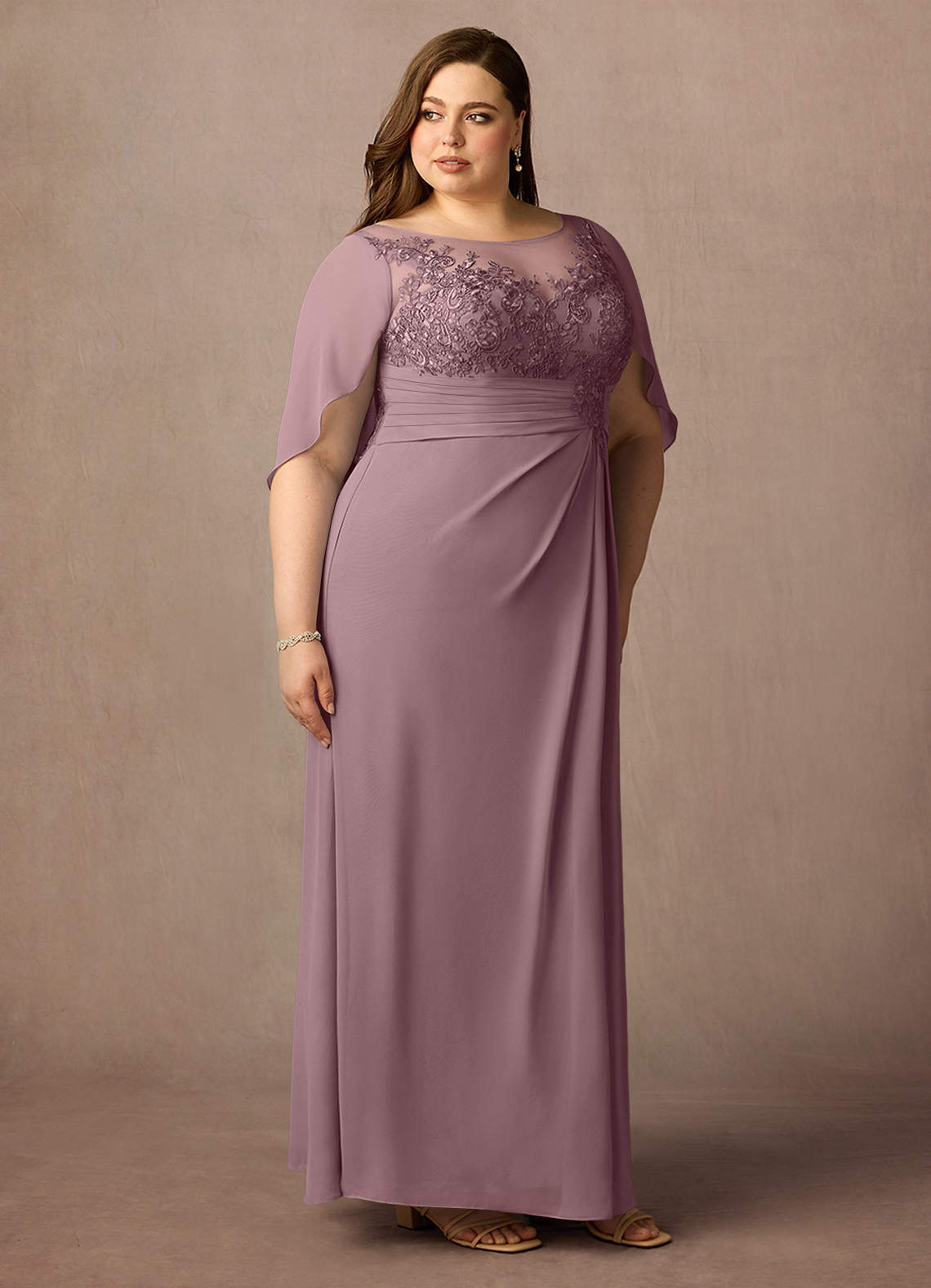 Azazie Hera Mother of the Bride Dresses Dusty Rose A-Line Lace Capelet Chiffon Dress image9