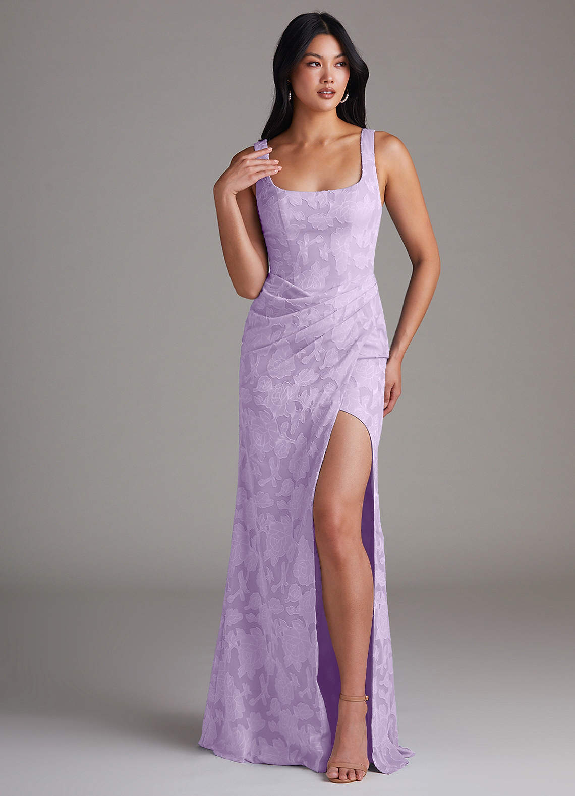 Azazie Mero Bridesmaid Dresses Lilac Sheath Pleated Floral Burnout Dress image1