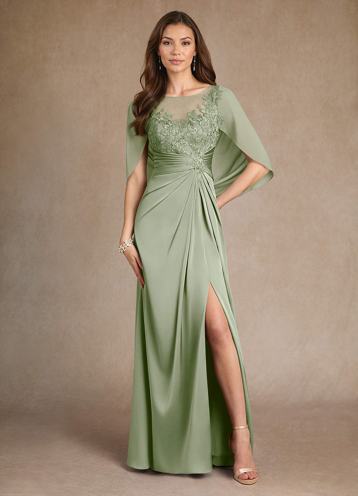 Azazie Hera vestidos de madre de la novia Vestido de Salvia Polvorienta de Satén Elástico de Corte En A con Encaje image1