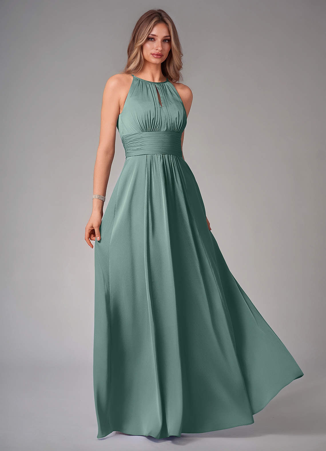 Azazie Bonnie Brautjungfernkleider A-Linie Plissee Stretch-Satin Kleid Eukalyptus image1