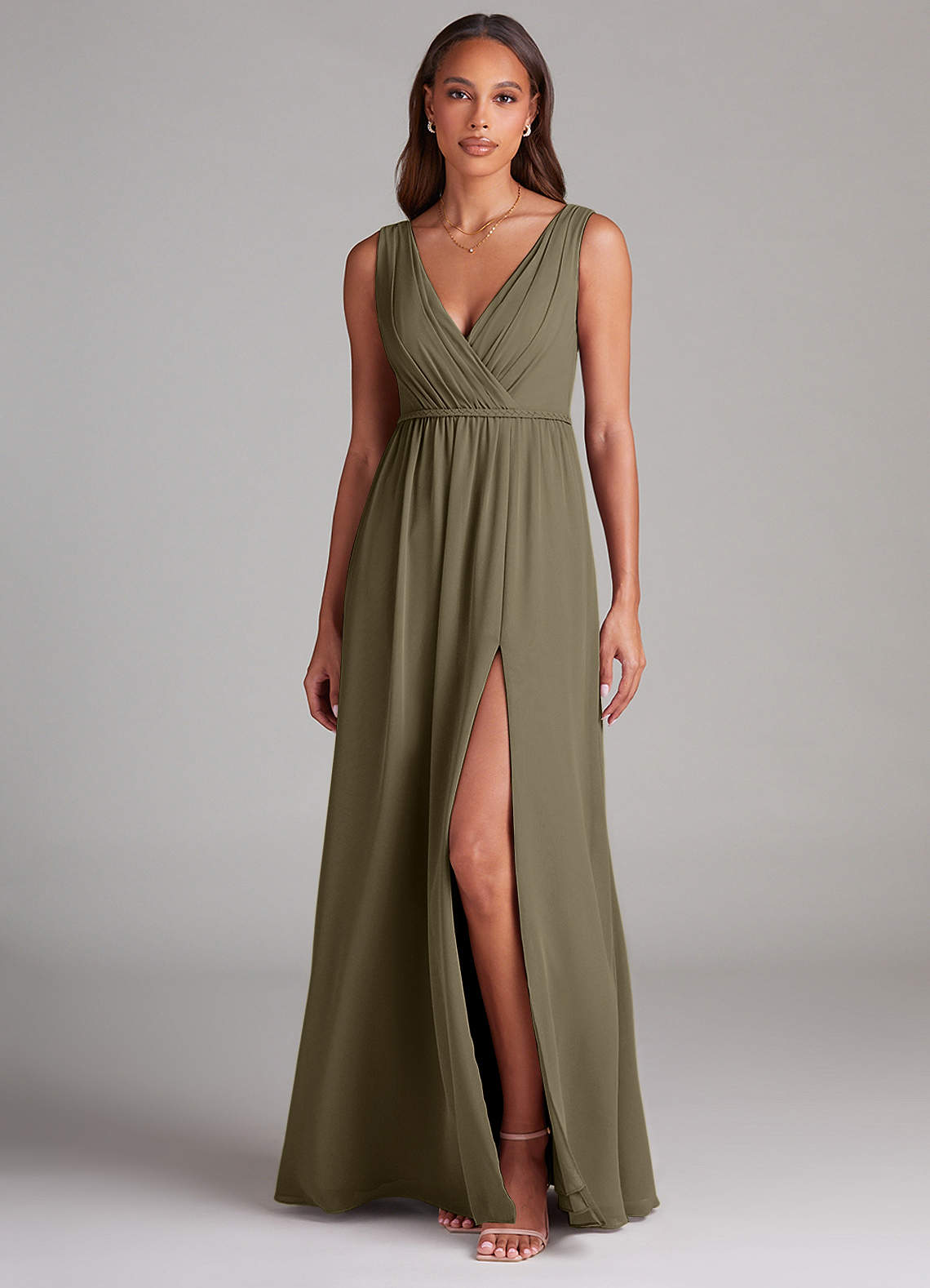 Azazie Tanicia Bridesmaid Dresses Willow Green A-Line Pleated Chiffon Dress image1