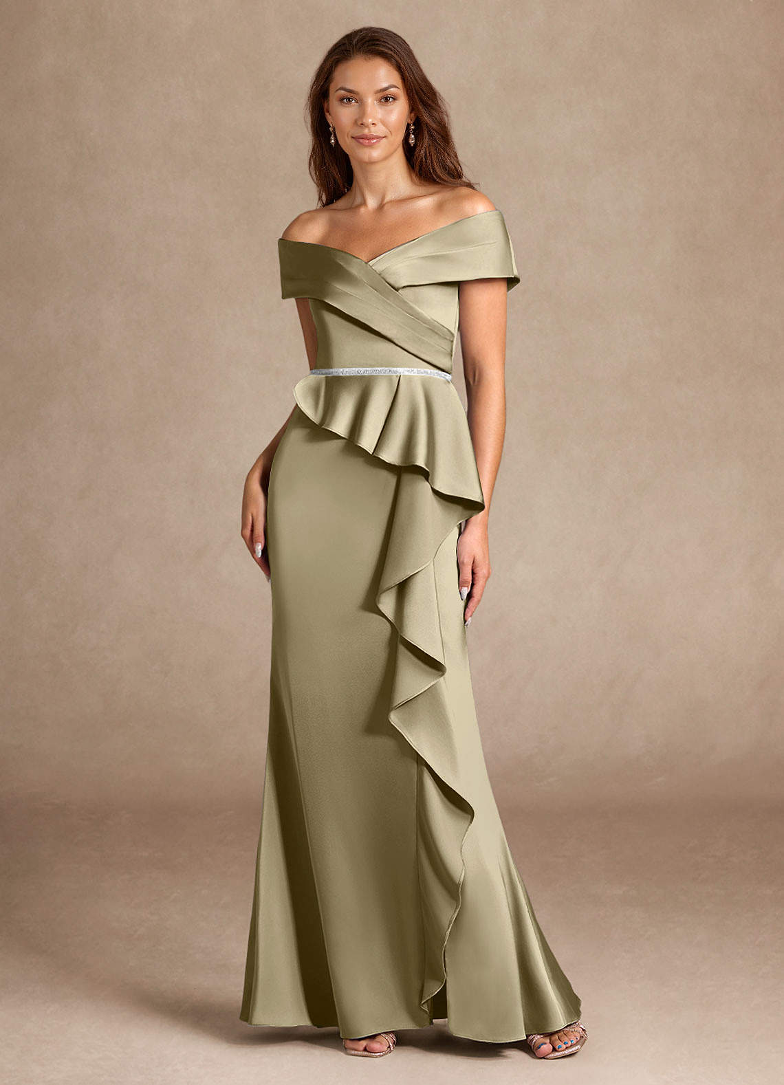 Azazie Dareia vestidos de madre de la novia Vestido de Musgo Verde de Satén Elástico de Sirena con Vestidos sin tirantes image5