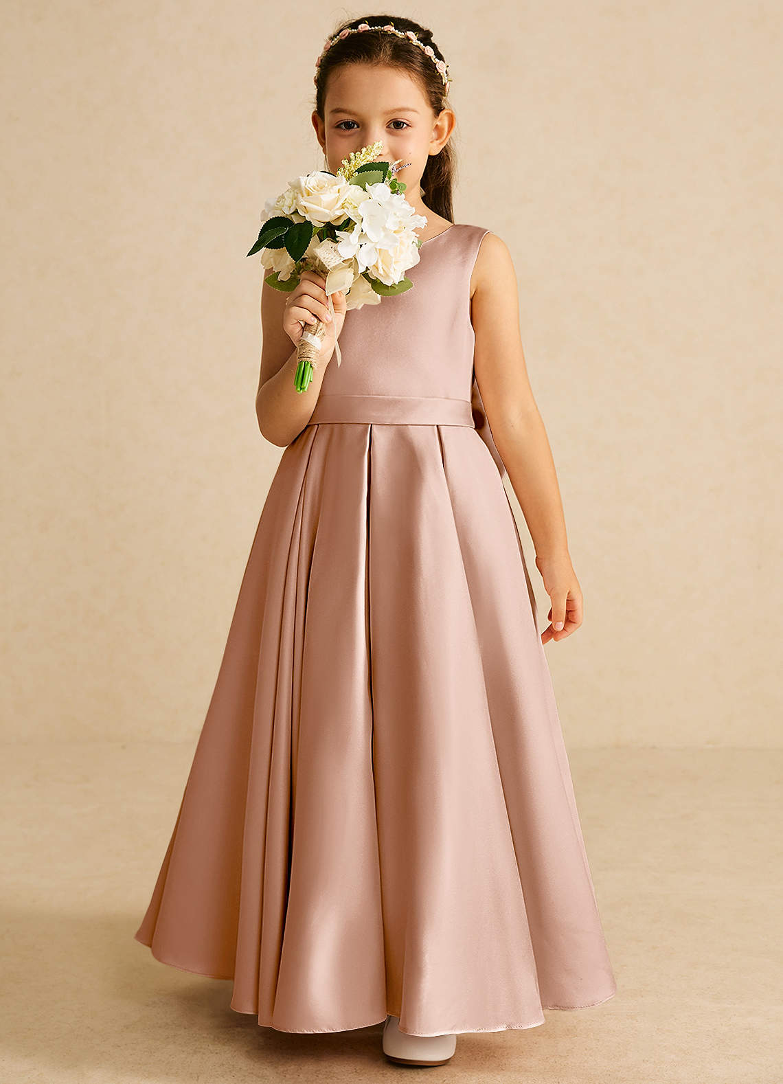 Azazie Pipsy Flower Girl Dresses Champagne Rose A-Line Bow Matte Satin Dress image4