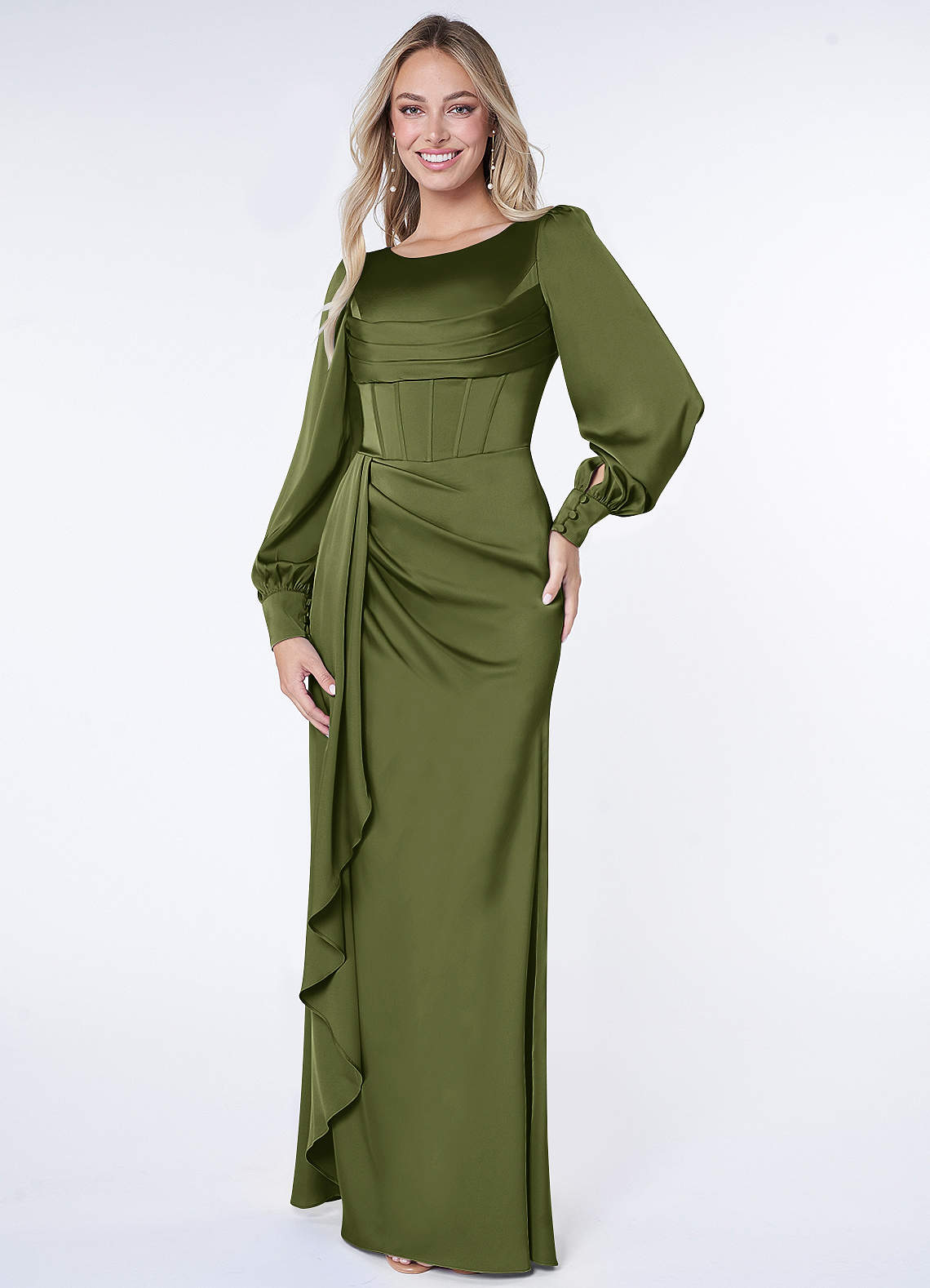 Azazie Raye Bridesmaid Dresses Olive Mermaid Long Sleeve Stretch Satin Dress image1