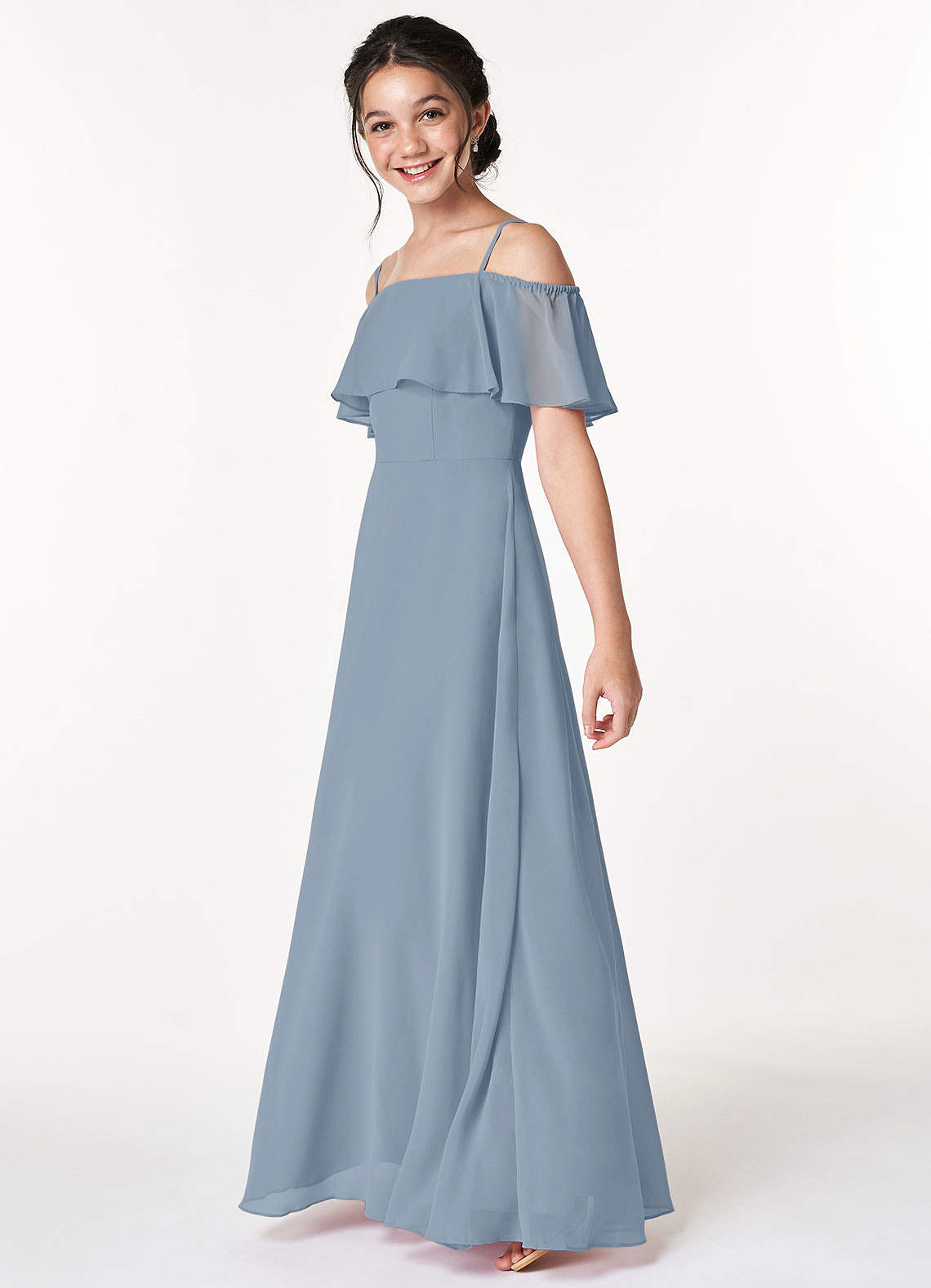 Azazie Maggie Junior Dusty Blue A-Line Off the Shoulder Chiffon Dress image4