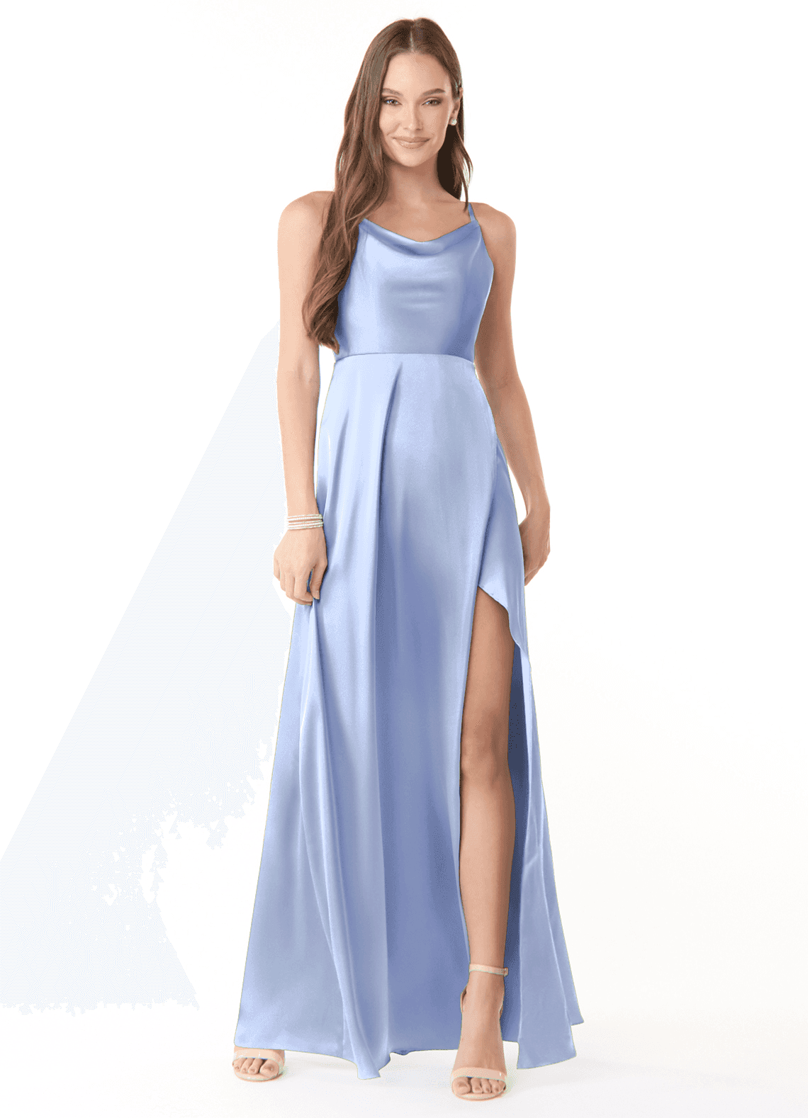 Azazie Naomie Bridesmaid Dresses Ice A-Line Cowl Neckline Side Slit Stretch Satin Dress image1