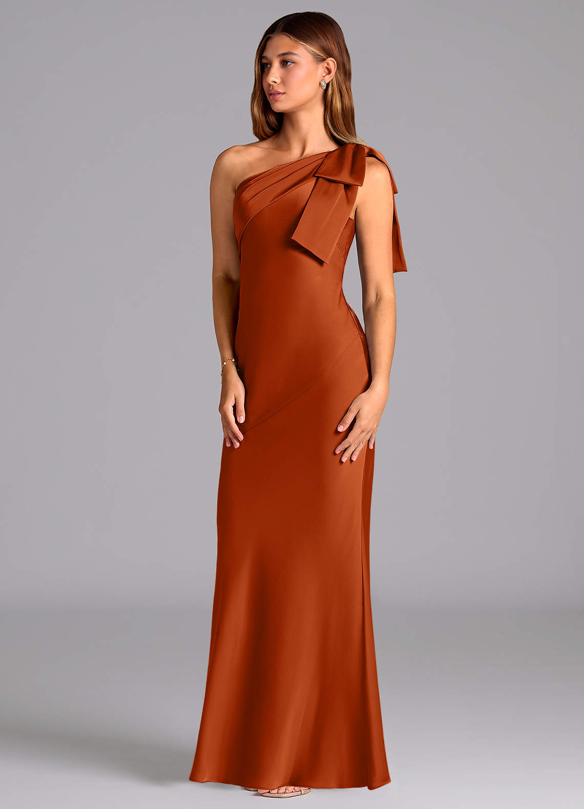 Azazie Yuanna Bridesmaid Dresses Burnt Orange Mermaid One Shoulder Stretch Satin Dress image3