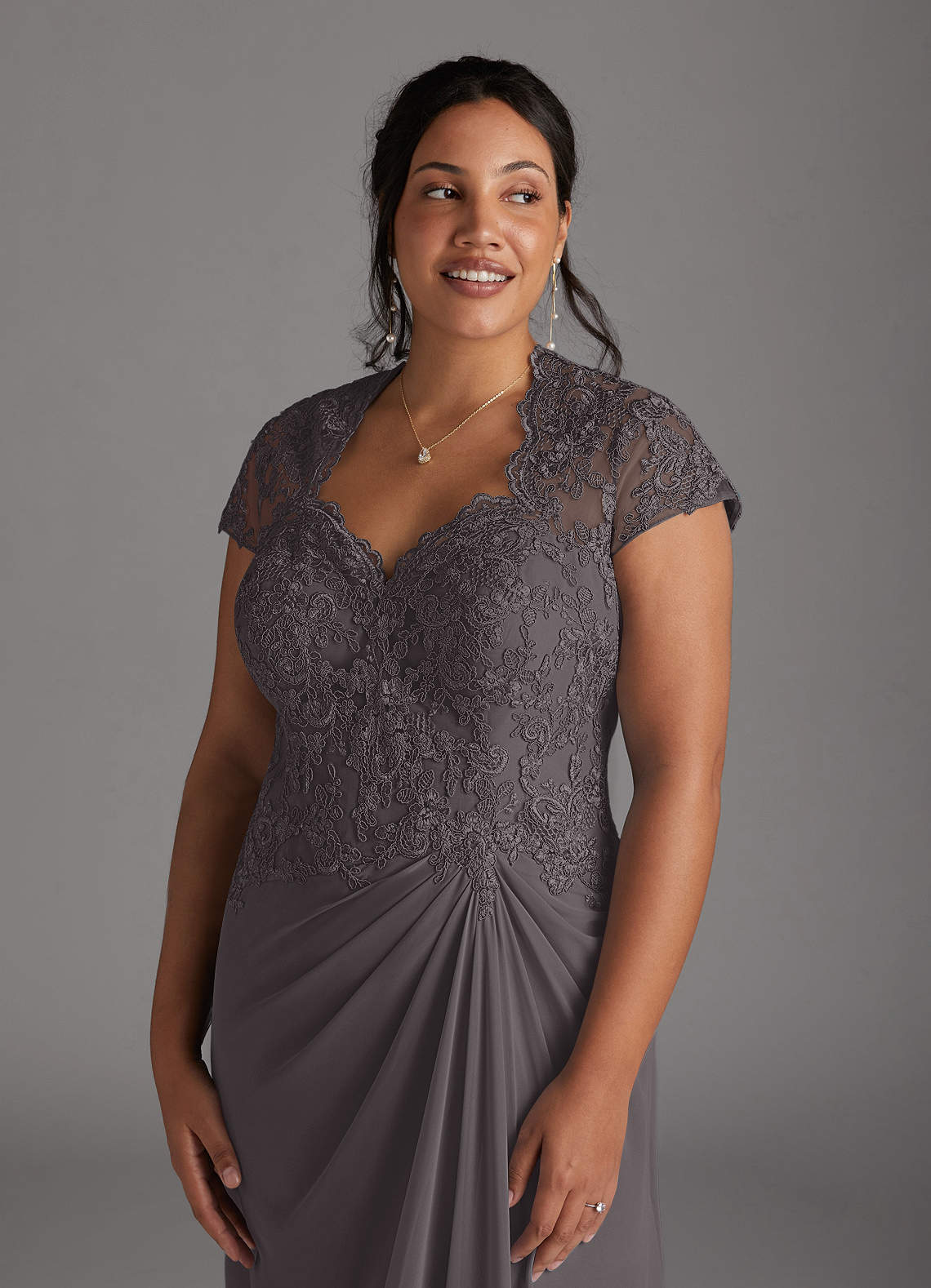 3/4発送分 YILON Feminine chiffon setup グレー Azazie Junie Steel Grey A-Line Lace Chiffon Dress | Azazie