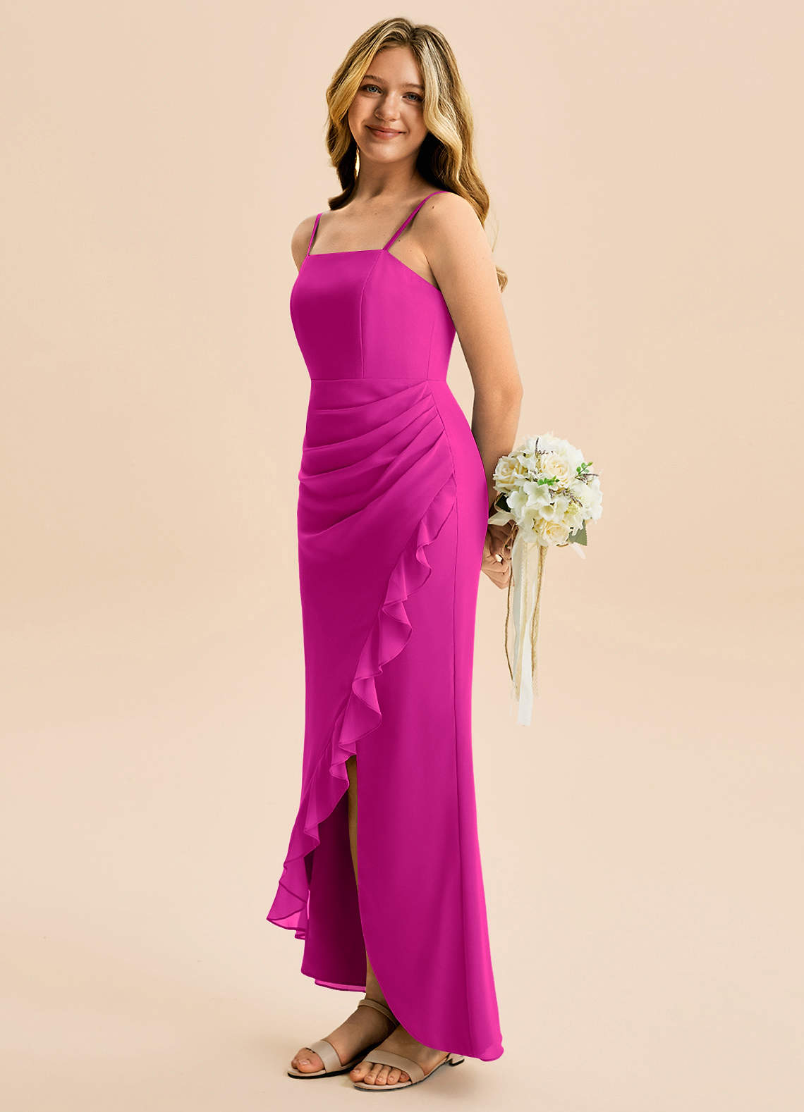 Azazie Buzzy Junior Robe Fourreau en Mousseline de soie Plissée Fuchsia image1