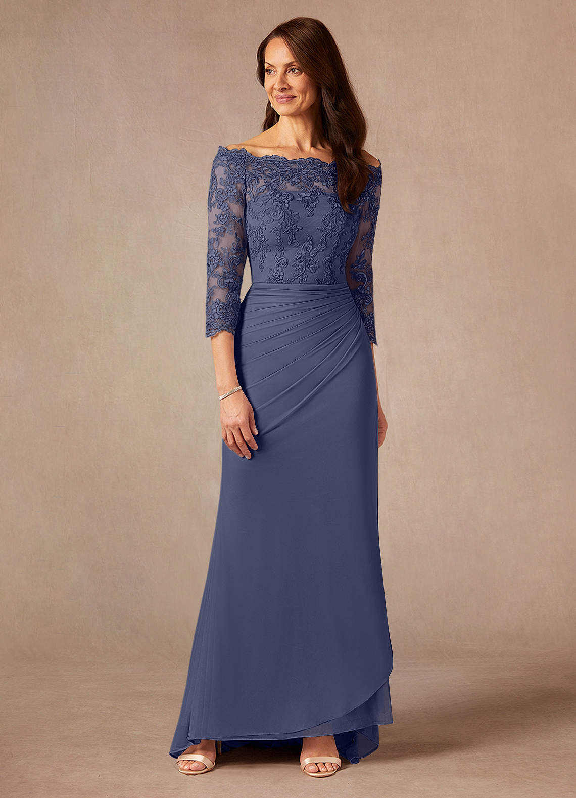 off the shoulder lace and mesh bridesmaid dress GLS by Gloria Bridal GL3428 - Long Mesh A-Line Dress
