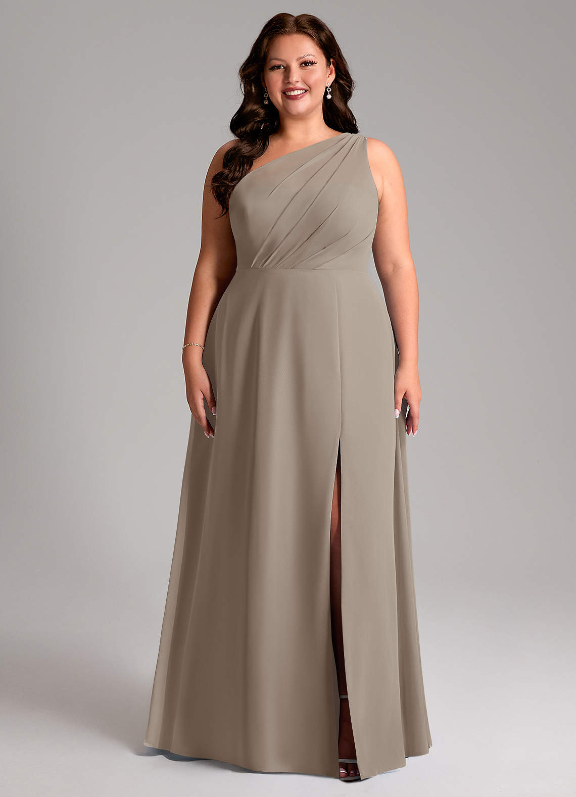 Azazie Phaedra Bridesmaid Dresses Taupe A-Line One Shoulder Chiffon Dress image1