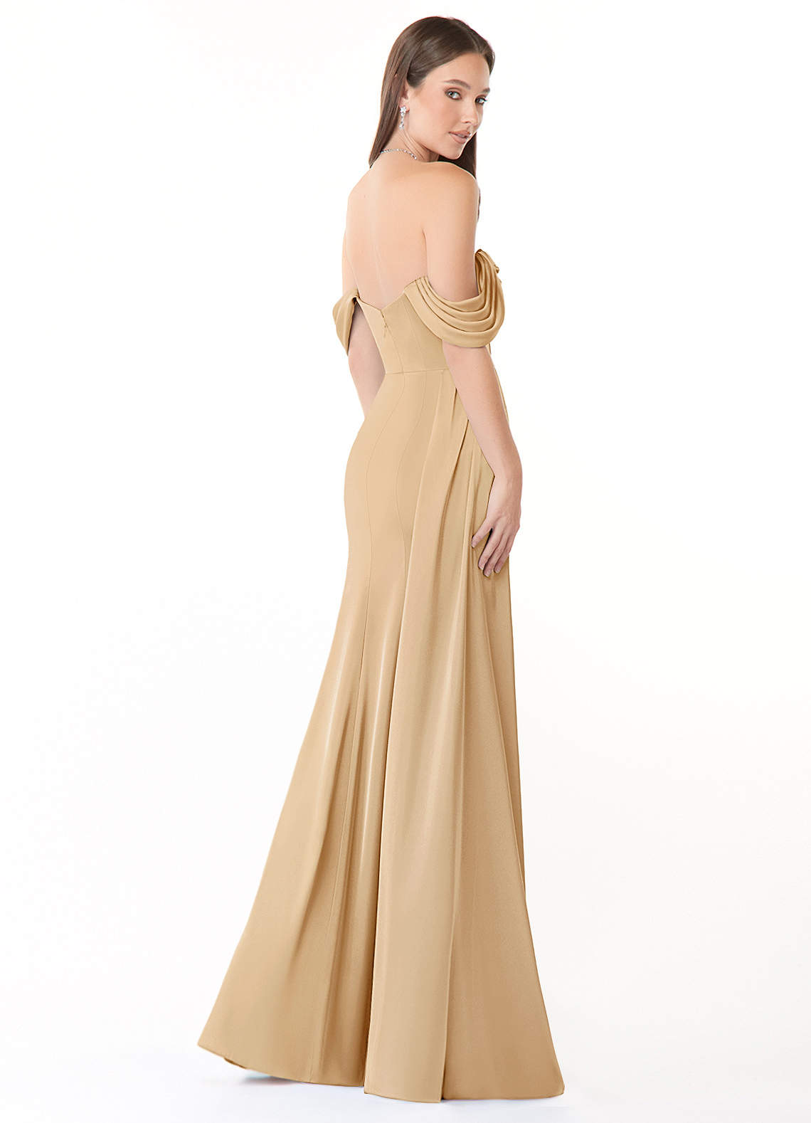 Azazie Amyra Vestidos de damas de honor Vestido de Oro de Satén Elástico de Corte Sirena Convertible con Vestidos sin tirantes image5