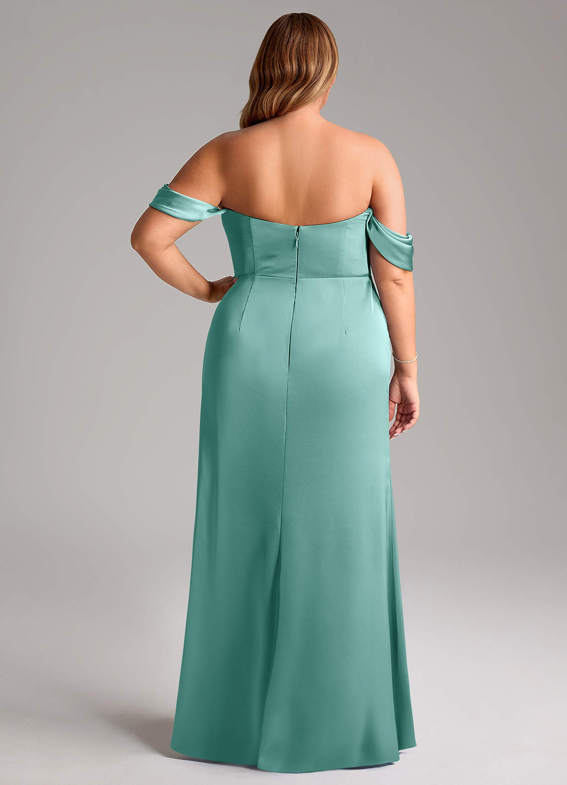 Azazie Saige Bridesmaid Dresses Aqua Sheath Off the Shoulder Stretch Satin Dress image11