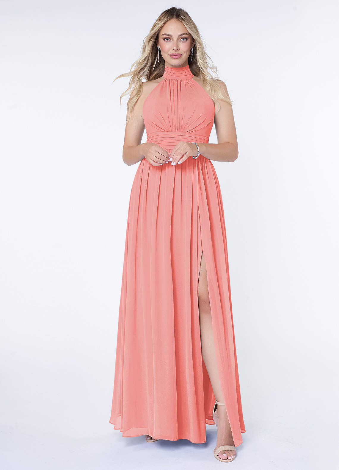 Azazie Iman Bridesmaid Dresses Coral A-Line A-Line Ruched Chiffon Dress image1