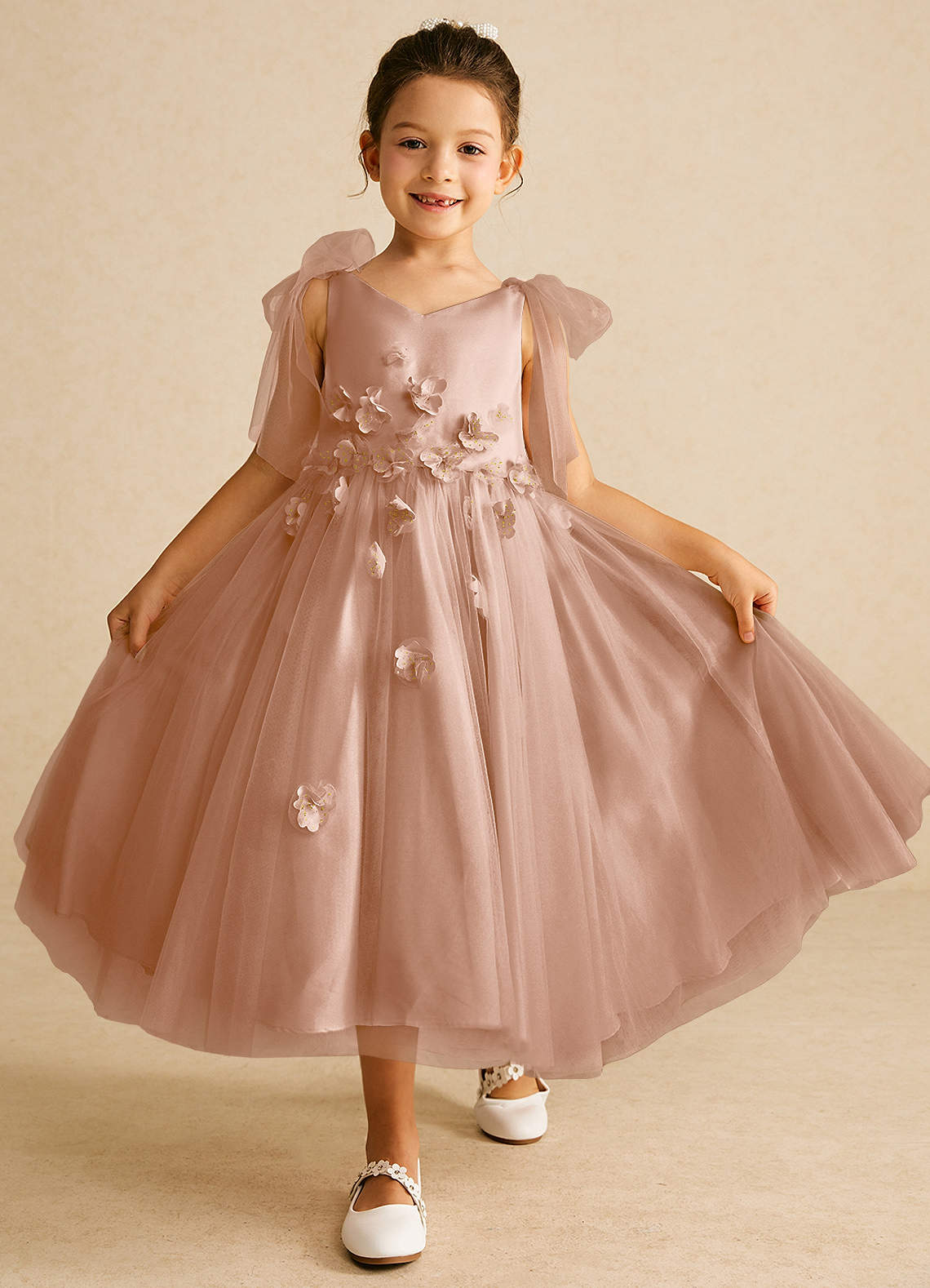 Azazie Minia Flower Girl Dresses Champagne Rose A-Line Bow Matte Satin Dress image1