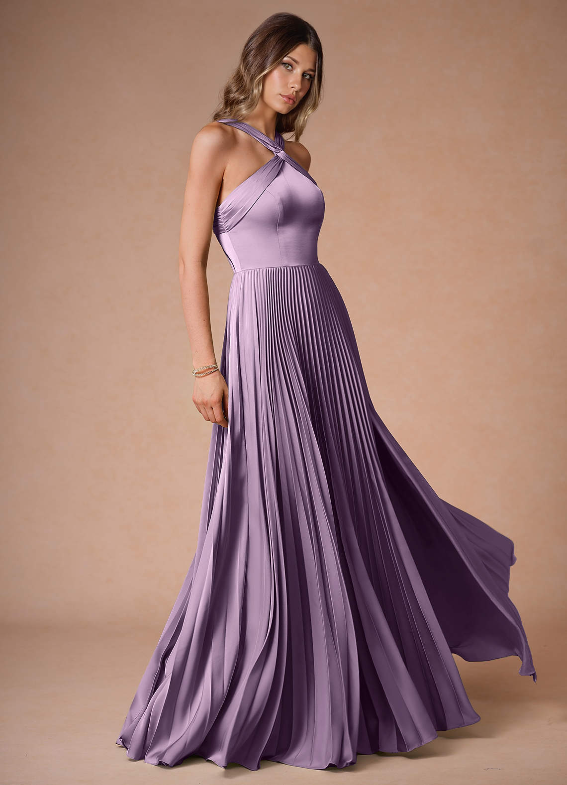 Afra Frosted Lilac A-Line Pleated Stretch Satin Dress | Azazie
