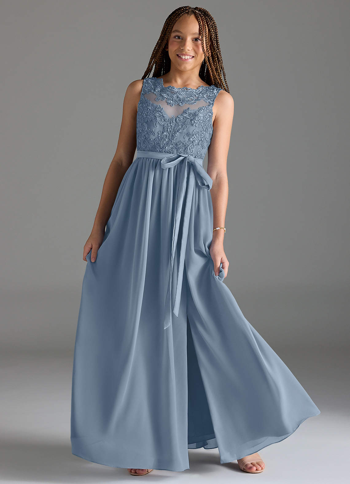 Azazie Elly Junior Dusty Blue A-Line Lace Chiffon Dress image1