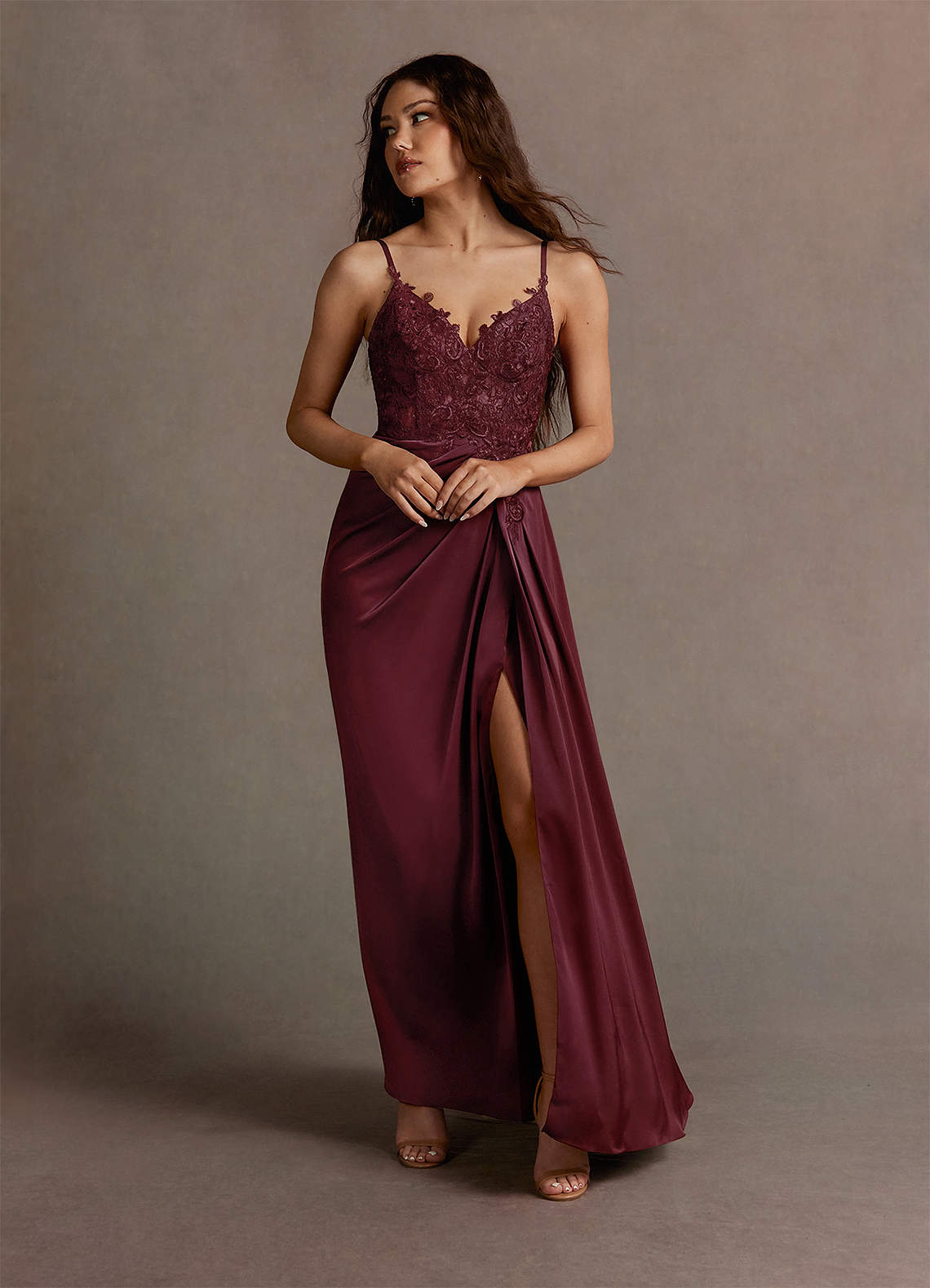 Long Sleeve Lace Trim Maxi Dress Dark Wine