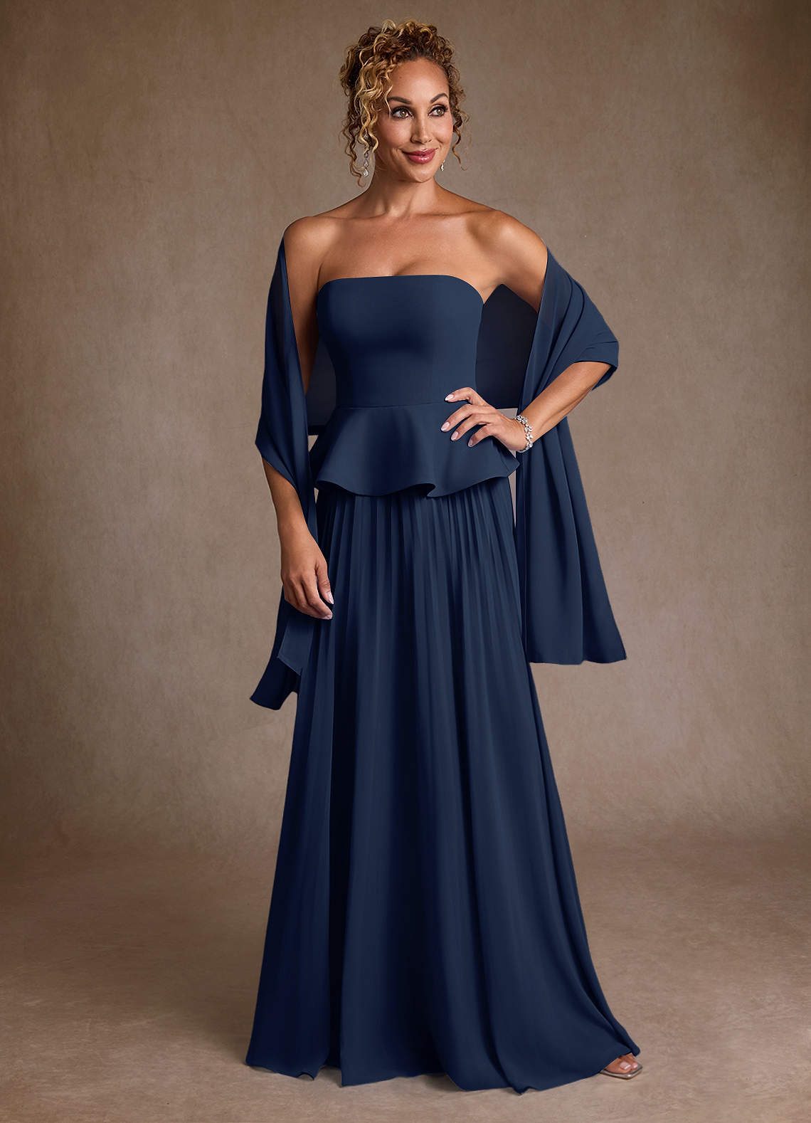 Azazie Josabeth Dark Navy A-Line Pleated Chiffon Dress Ready to