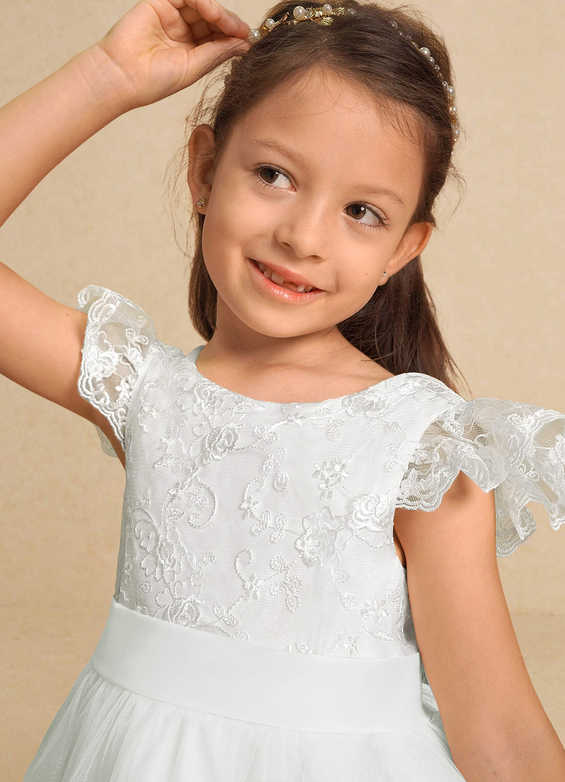 Azazie Vetty Flower Girl Dresses Ivory A-Line Lace Tulle Dress image7