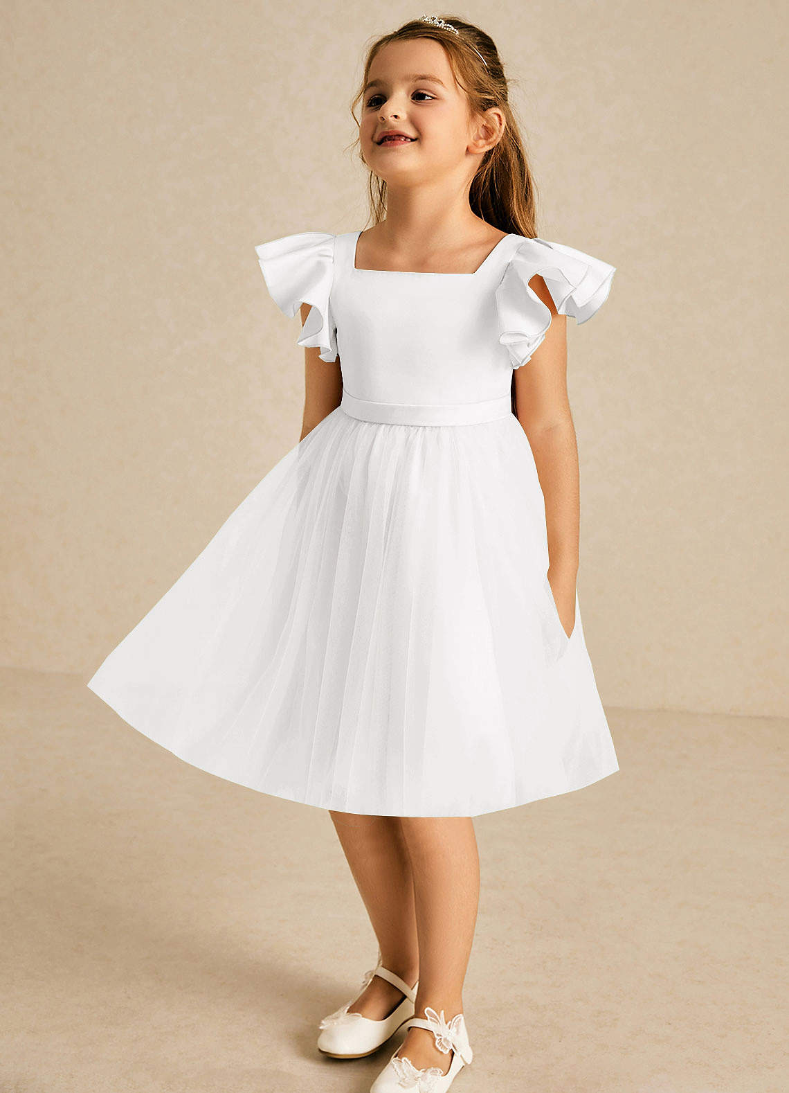 Azazie Kaeya Flower Girl Klänningar Klä A-Linje i Tyll Rosett image3