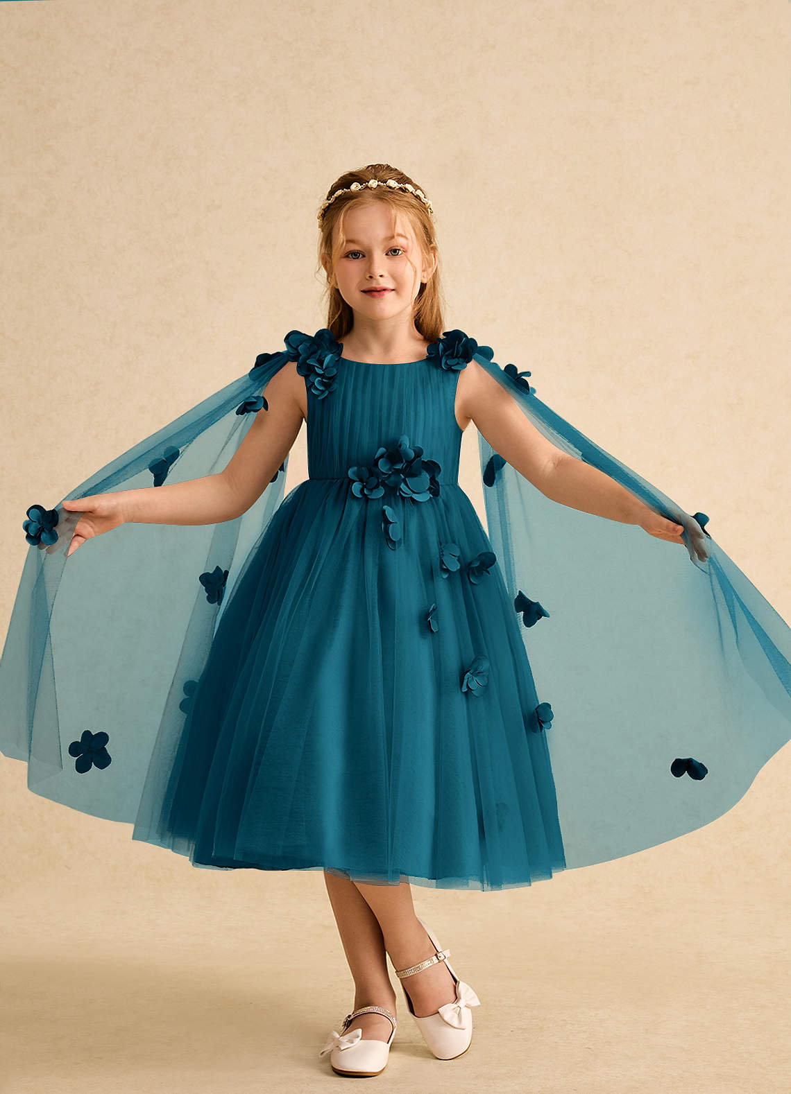 Azazie Staria Robe Demoiselle D'honneur Fillette Robe Princesse en Tulle Rayé Bleu Encre image3