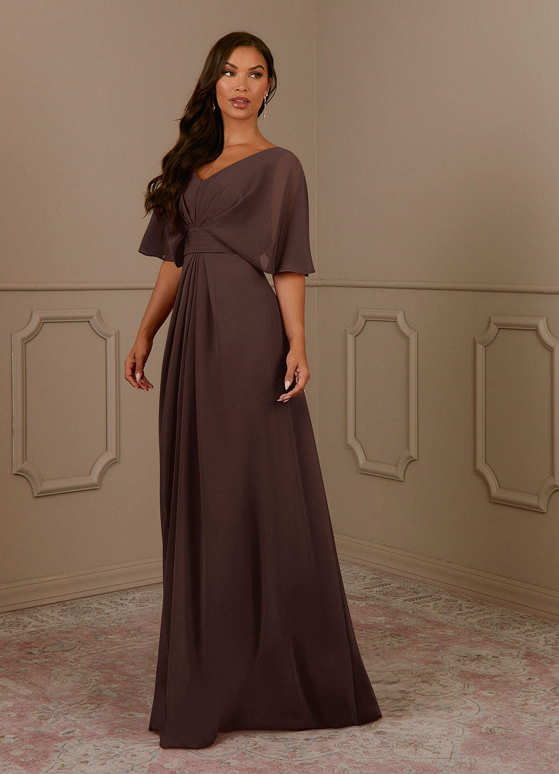 Azazie Oksana Ganache A-Line V-Neck Pleated Chiffon Dress | Azazie