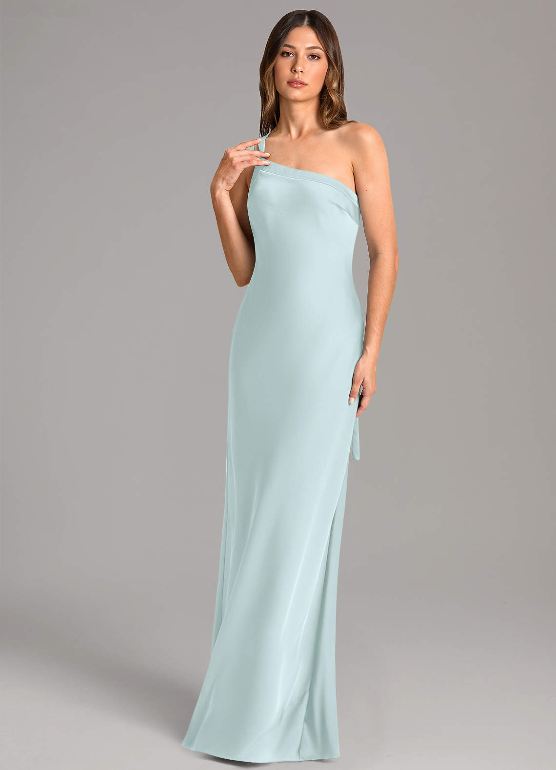 Azazie Monroe Bridesmaid Dresses Sea Glass Mermaid One Shoulder Stretch Satin Dress image1