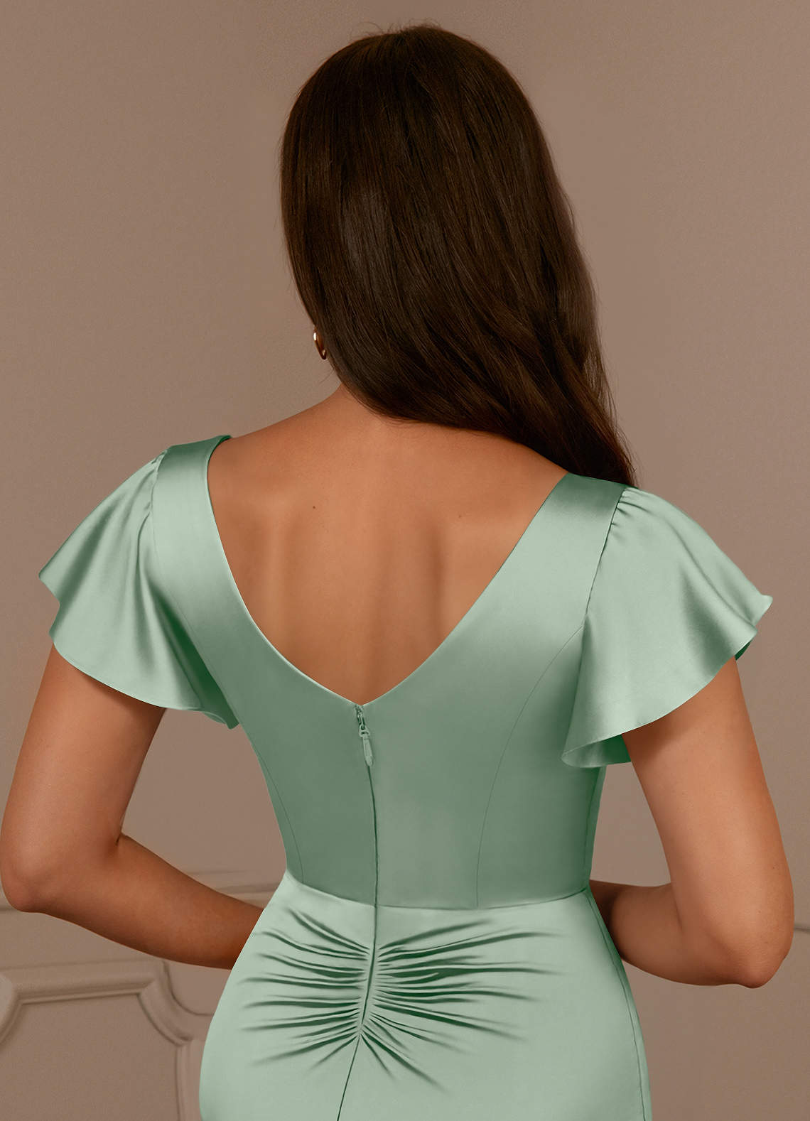 Azazie Roya Mother of the Bride Dresses Agave Mermaid V-Neck Pleated Stretch Satin Dress image5