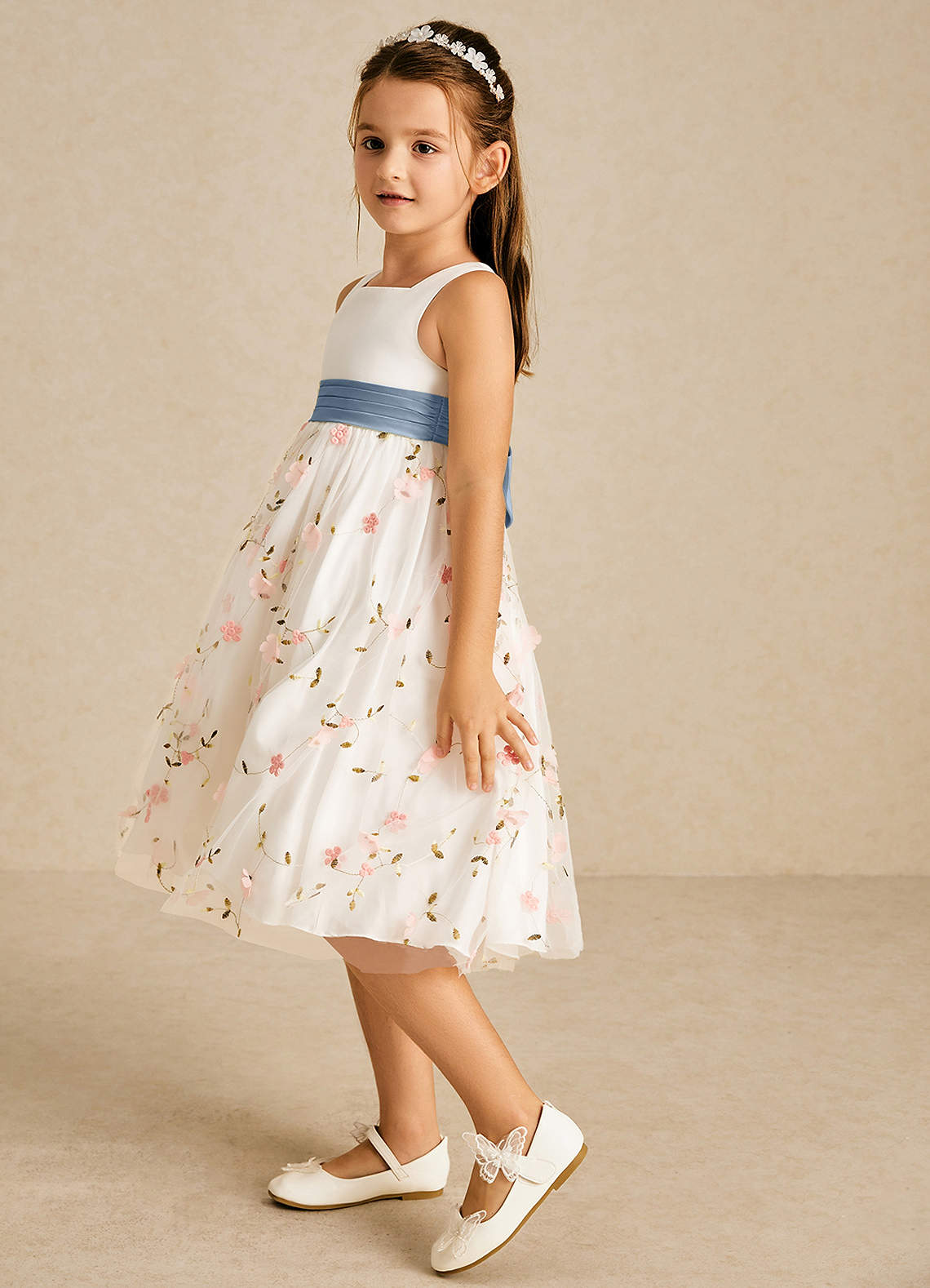 Azazie Pollie Flower Girl Dresses Blushing Pink Dusty Blue A-Line Bow Tulle Dress image4