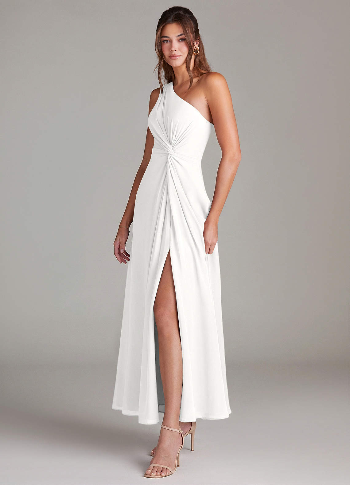 Azazie Brooke Bridesmaid Dresses White A-Line One Shoulder Chiffon Dress image2