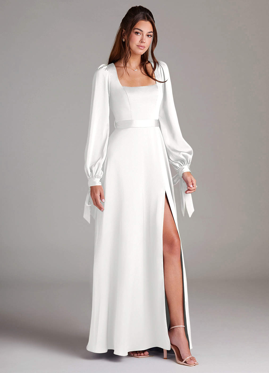 Azazie Leonia Abiti da Damigella Abito A-Line in Raso Elasticizzato Manica Lunga Bianco image2