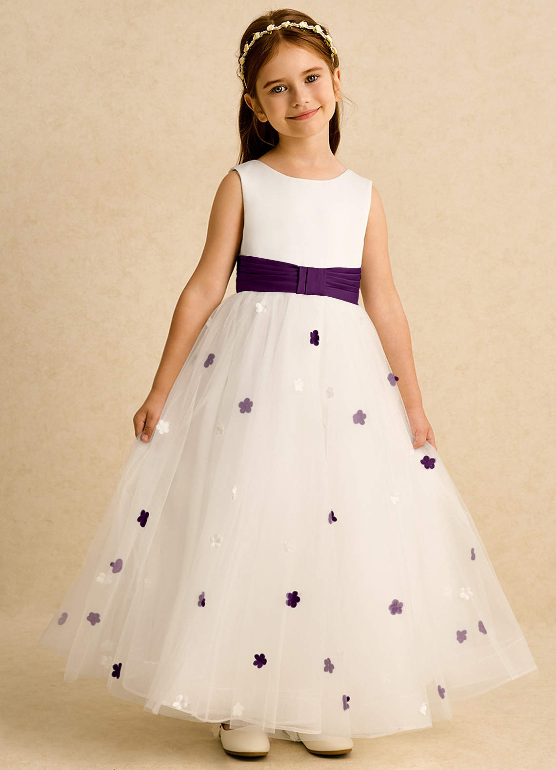 Azazie Cricket vestidos de niña de las flores Vestido de Marfil Uva de Satin Mate de Princesa con Plisado image1